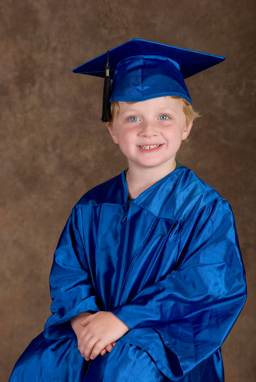 Kindergarten Graduation Portrait, Cute Young Boy With Gown & Mortarboard